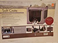 Box front showing Classy Go soft crate graphics and features with a small dog inside the crate illustration