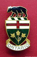 Front view showing black bear figure atop the Ontario provincial shield with green, white, and red enamel detailing.