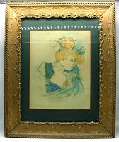 Full view of framed collotype print showing ornate gilded frame and dark green mat surrounding the image.