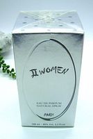 Front side of perfume box showing "II Women" and product details in silver boxed packaging.