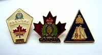 Front view of the three RCMP lapel pins showing detailed design and coloring