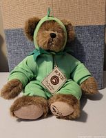 Full view of brown plush bear wearing green hooded outfit with Boyd's tag attached, sitting against fabric.