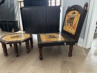 Wooden small seat and table side-by-side showing overall design and carved details