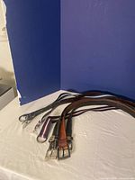 Seven men's belts arranged on white surface against blue corner wall, showing various colors and buckle types.