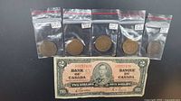 Front view of all five Canadian Edward VII one cent coins individually bagged plus 1937 Edward VIII $2 bill beneath them.