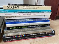 Stack of art books including titles on Kandinsky, Chagall, Kokoschka, and Georgia O'Keeffe among others.