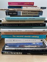 Photo showing 14 books stacked, titles visible including Night, The Sabbath, The Lost, Jewish Holiday Book, The Hanukkah Book, Holocaust history, Jewish Catalogs, Memoirs, Anne Frank, Jewish Museum Berlin, Memorial to Murdered Jews, and A Will to Survive.