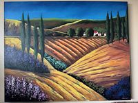 Photo showing entire original landscape painting with colorful fields, trees, and houses.