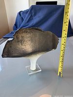 Side view of an abstract pottery sculpture, showing its textured, irregular curved shape and gradient dark brown to beige coloration, next to a measuring tape showing about 12 inch height.