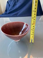 Photo showing the bowl's shape and size with a measuring tape indicating about 7 cm height