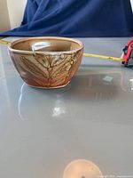 Side view of the pottery bowl showing the detailed leaf design and size with measuring tape.