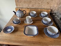 Top view of all porcelain pieces arranged on wooden countertop