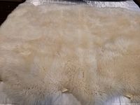 Full view of cream sheepskin throw laid flat showing plush fleece surface