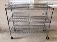 Front view of the rolling metal shelf showing three tiers and wire guardrails