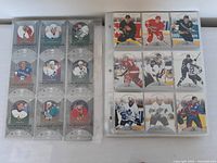 Photo showing two binder pages filled with hockey cards from the 1990s, twelve cards visible on each page with various players in different NHL team uniforms.