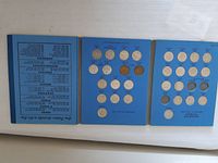 First photo showing three blue coin album boards with Canadian nickels from 1922 onwards in labeled slots, some empty.