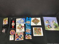 Photo showing entire Disney pin set with pins on original backing cards and a Cast Member Exclusive Collection booklet