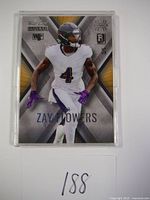Front view of the 2023 Zay Flowers rookie card with player image and logos.