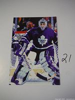 Front of the extra large CUJO hockey card showing goalie in purple Toronto Maple Leafs uniform