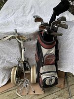 Overall view of the golf clubs in Tommy Armour EVO bag next to vintage Browning Bag Boy cart.