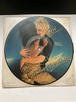 Photo of Rod Stewart 'Blondes Have More Fun' picture disc vinyl record with colorful artwork showing Rod Stewart and a woman in leopard print dress.
