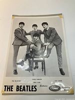 Full view of the black and white Beatles poster with band members posed and identified.