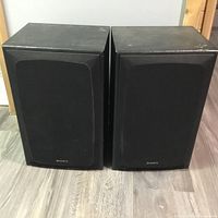 Front view of the two large black Sony speakers showing fabric grills and Sony branding on each.