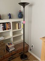 Full view of the tall black metal floor lamp standing next to a bookshelf and brick hearth.