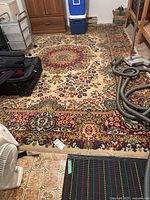 Large traditional area rug on floor next to furniture and vacuum hose, showing detail of floral and medallion pattern.