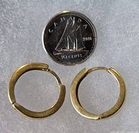 Top-down view of two small gold hoop earrings beside a Canadian dime for size reference
