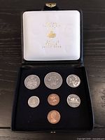 Seven 1971 Canadian coins displayed in an open protective presentation case with white interior and black velvet coin mounts