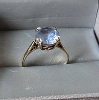 Close-up view of the blue topaz gem set in yellow gold ring from above showing prong setting.