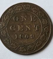 Reverse showing denomination 'ONE CENT' and date '1909' with maple leaf wreath border.