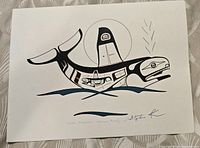 Front image of the signed Indigenous print showing the stylized killer whale and signature.