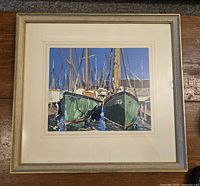 Framed print depicting boats docked at marina, with complex reflections and masts in background.