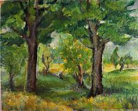 Close-up front view showing two large trees, central bush, small seated figure and brushstrokes