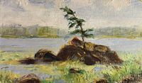 Close-up of painting showing rocky outcrop, tree, water background in impasto brushwork