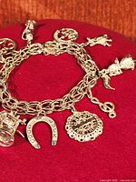 Bracelet laying flat on red velvet surface displaying the linked chain and several charms clearly visible including the horseshoe and rocking horse charm.