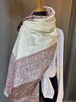 Shawl draped on mannequin showing cream embroidered section and pale pink-beige patterned border.