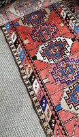 Partial view of runner on carpet showing rust-colored field and border motif