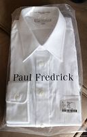 New Paul Frederick white dress shirt folded in plastic packaging with label showing size 17-34 cotton.