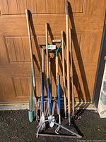 Overall view of 9 gardening hand tools standing against a wooden door, including shovels, hoes, a garden fork, and rakes.