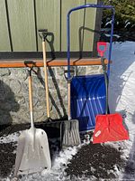 Full view of 5 snow shovels of varying blade materials and handle types, showing the lot contents.