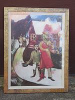 Full view of the framed poster showing The Fiddler by Marc Chagall with house and two men, one playing violin.