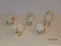 Five small vintage plush chicks arranged on a flat surface, showing their size, condition, and orange streaked combs
