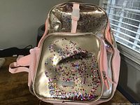 Two-piece Girls Love @ First Sight pink backpack set with confetti glitter front pocket.