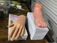 Manicure practice hand and foot models on a table with original boxes. The hand model is displayed out of the box, and the foot model is wrapped in plastic sitting on its box.