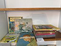 Shelf showing a mix of children's books including Sea Monsters of Long Ago, Franklin in the Dark, and Peter Pan with additional stacked books.
