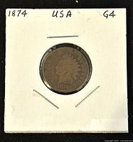 Obverse side of the 1874 United States Indian Head Penny showing the Indian Head portrait and date.