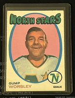 Front of 1971-72 O-Pee-Chee trading card showing Gump Worsley in North Stars goalie jersey with team name, player name, position, and logo.